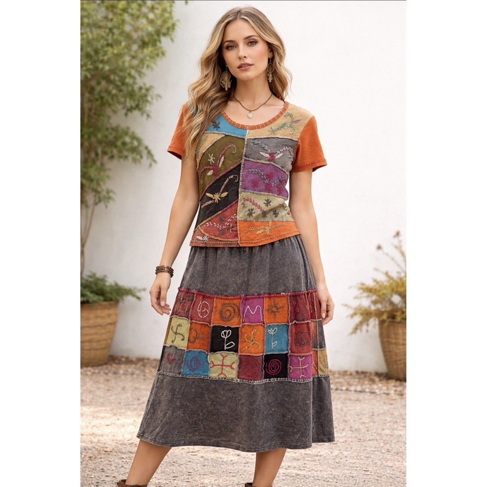 Handmade Nepal Patchwork Skirt &‎ Top Set Women's M Boho Embroidered Hippie